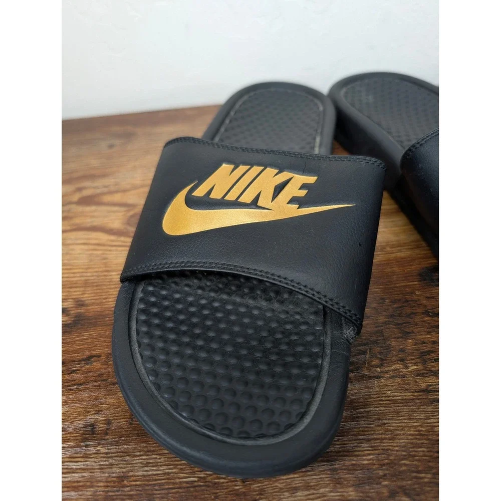 Nike Benassi JDI Slides Black Metallic Gold Mens 8 Womens 9